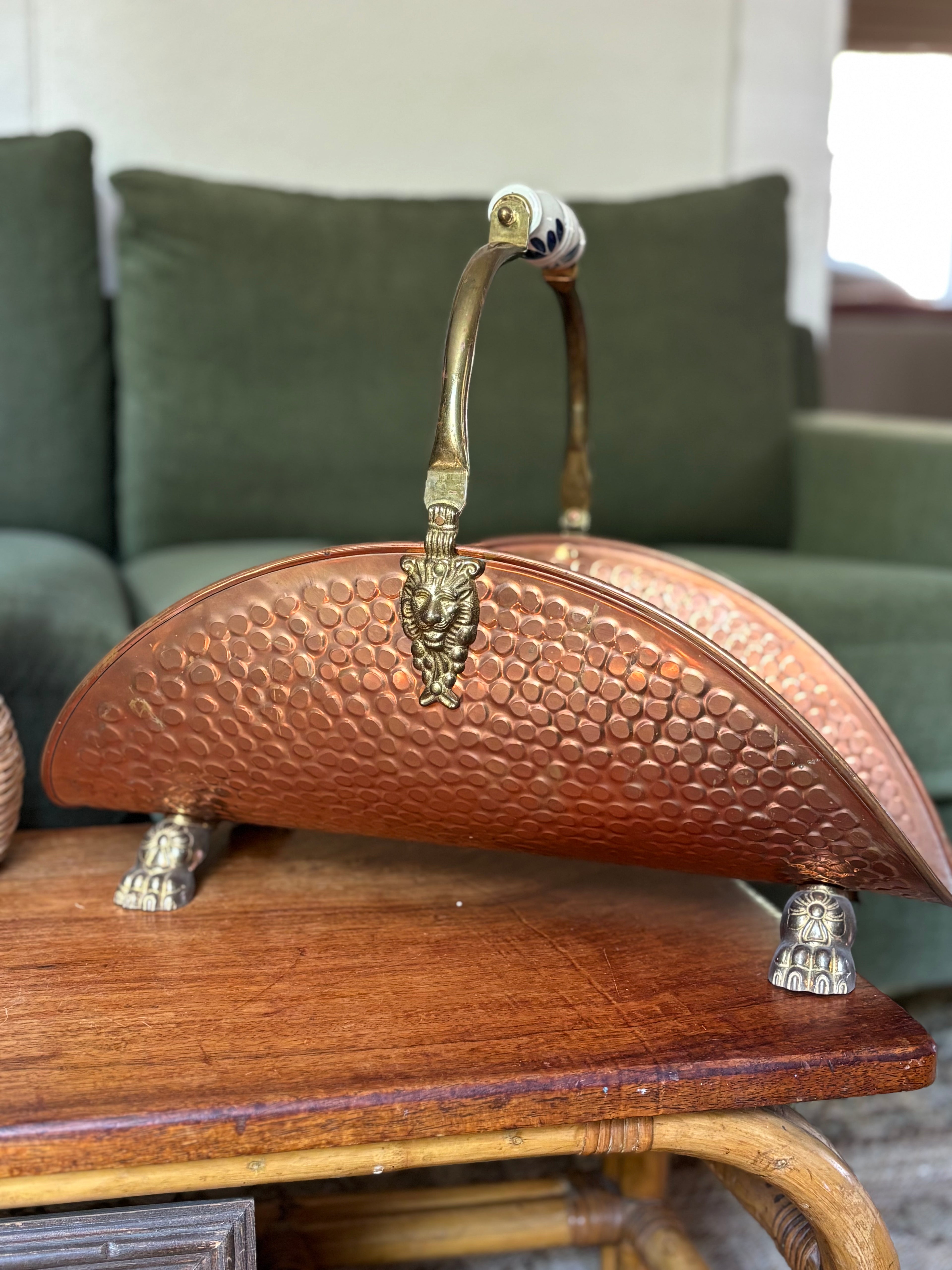 Vintage Copper Log Holder with Delft Handle