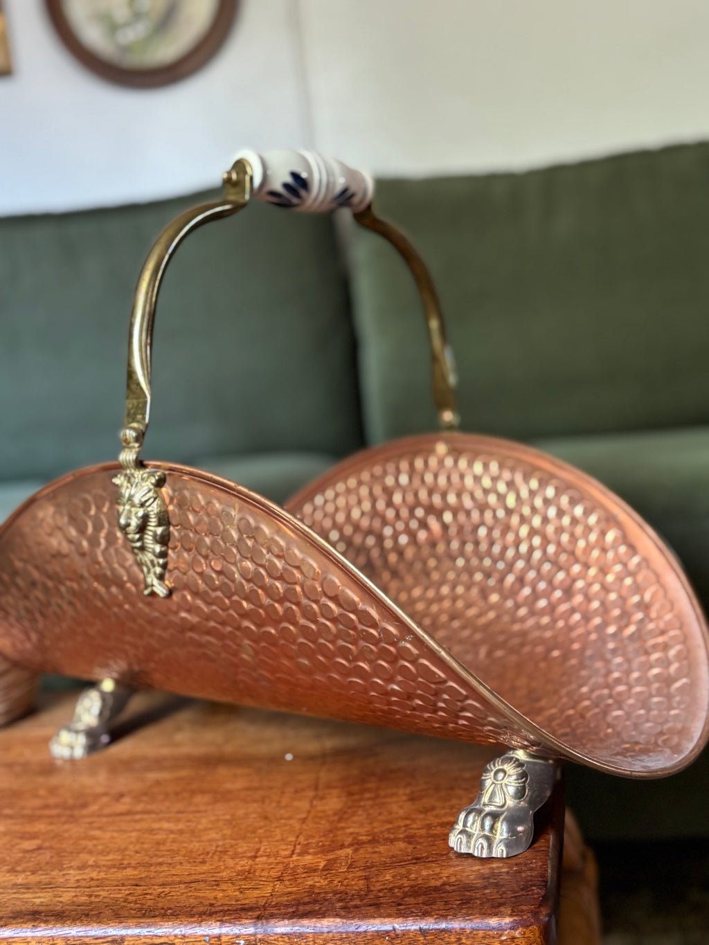 Vintage Copper Log Holder with Delft Handle