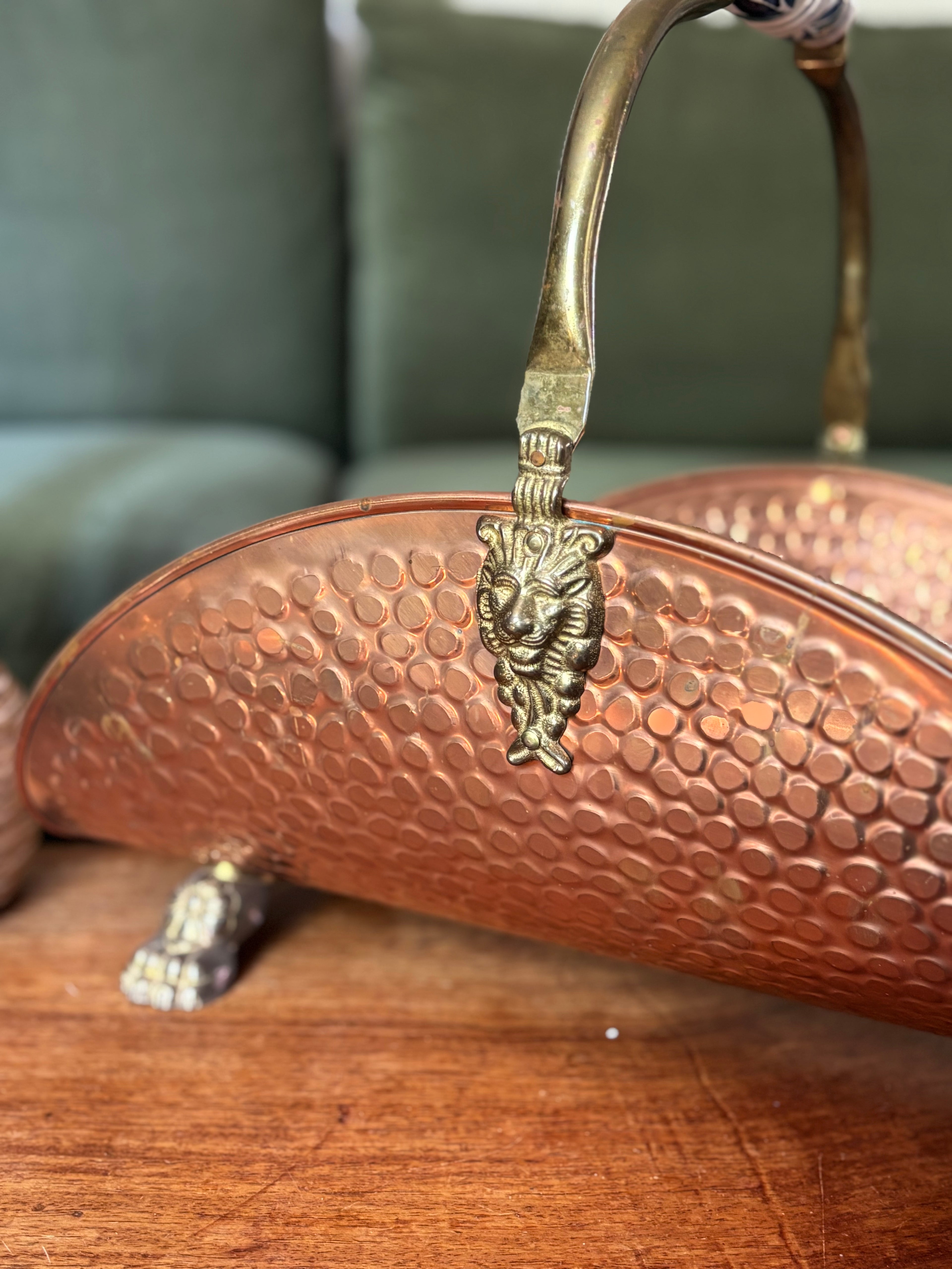 Vintage Copper Log Holder with Delft Handle