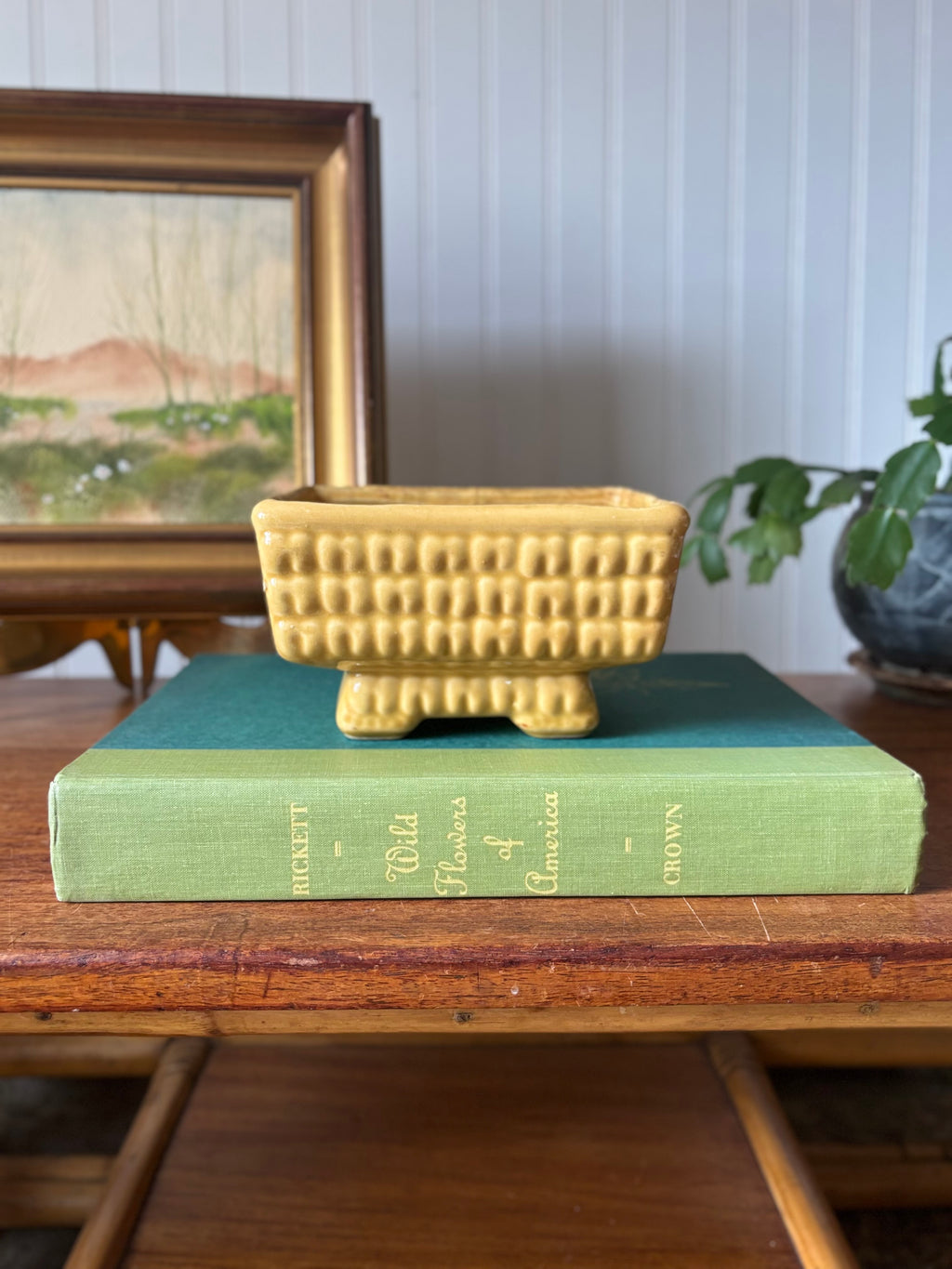 Vintage Faux Bamboo Yellow Ceramic Planter